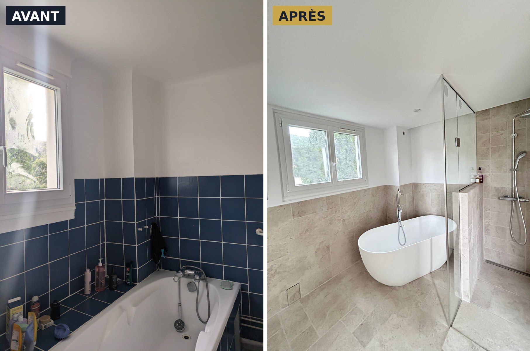 Rénovation de salle de bains au Chesnay avant et après travaux : baignoire îlot et douche à l’italienne